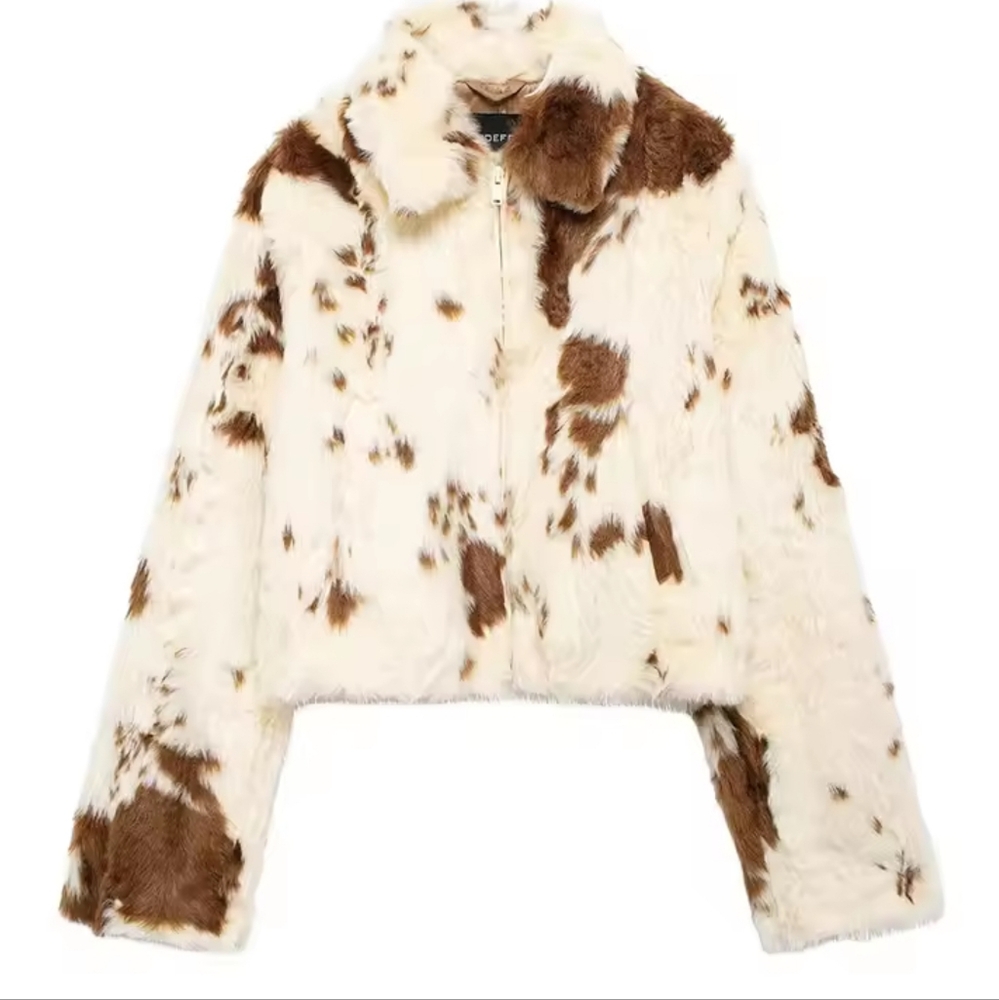 Women Casual Faux Fur Lapel Jacket Fashion Cow Print Autumn Winter - Picture 4 of 10